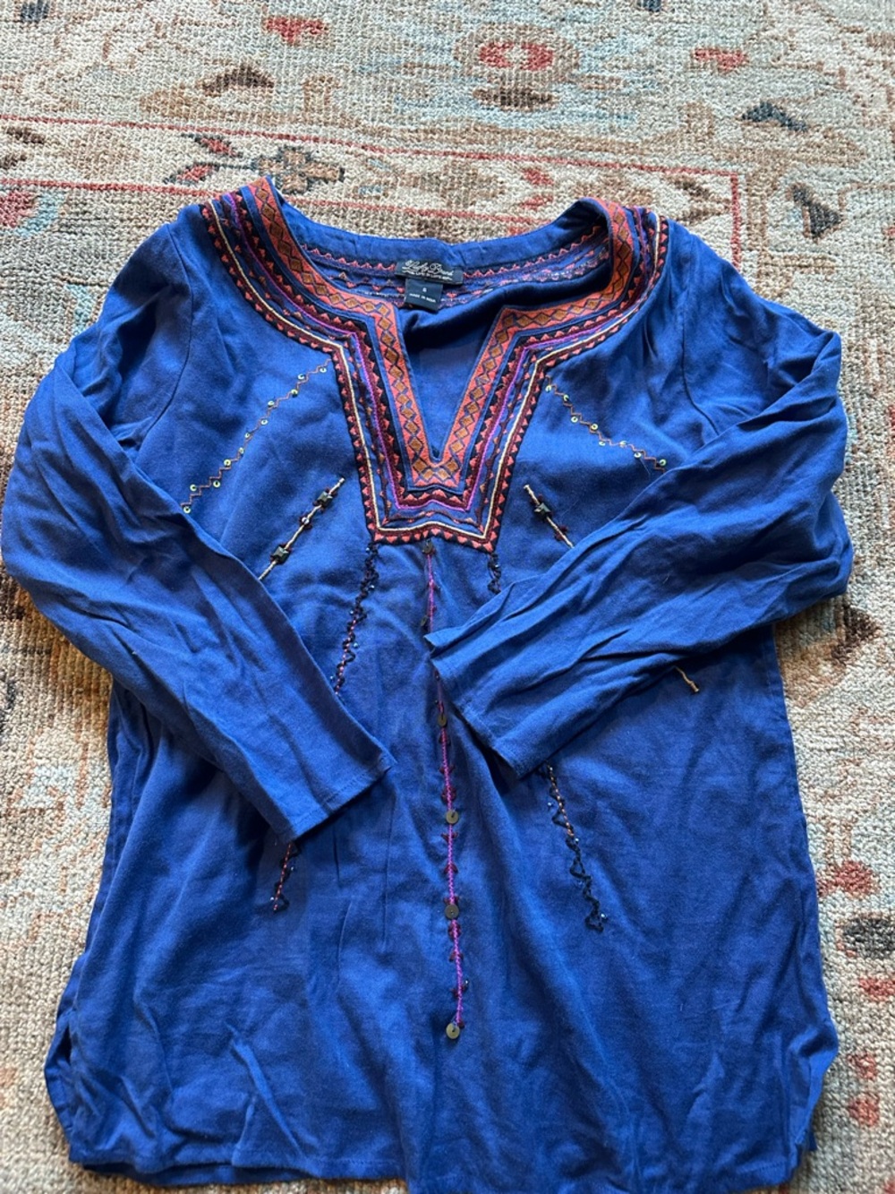 Lucky Brand Royal Blue Embroidered V-Neck Tunic